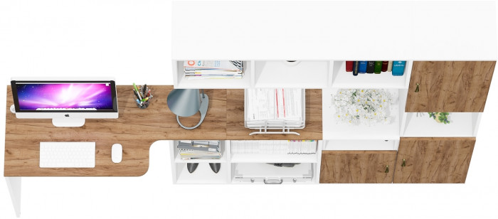 Лидер-8 Стол + Полка + Тумба МД 3.19 + Пенал, цвет белый шагрень/крафт золото, ШхГхВ 245х50/30х75/190 или 160х115/30х75/190 см., НЕ универс. сб.