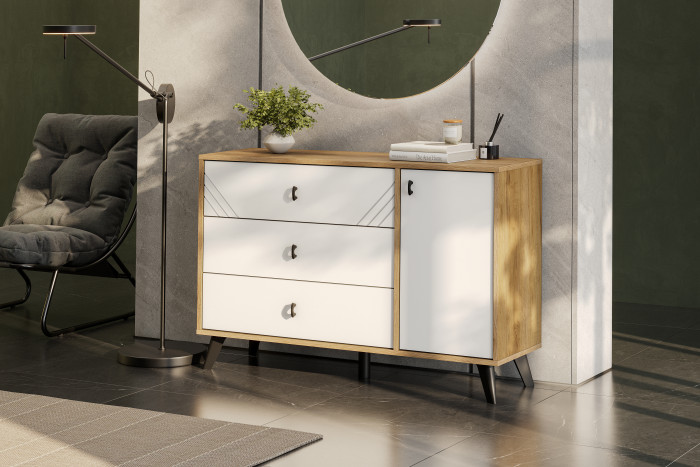 Комод 3 ящика Байкал (со створкой), Дуб Золотой, Белый матовый