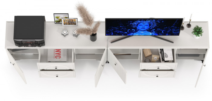 Валенсия Гостиная 16.45 Тумба под ТВ + 16.45 Тумба под ТВ, цвет ЛДСП белый шагрень/МДФ белый шагрень, ШхГхВ 266,2х38,3х63,7 см.