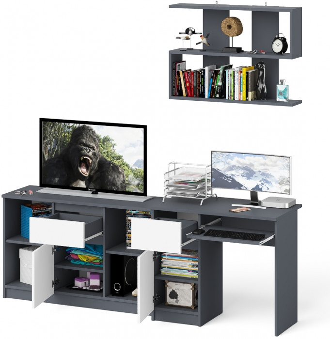 Мори Стол компьютерный МС-1 левый + Тумба МТВ1204.1 + Полка 900, цвет графит/белый, ШхГхВ 210,4х50х209,6 см., НЕ универсальная сборка