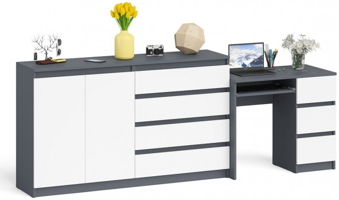 Мори Стол компьютерный МС-6 правый + Комод МК1600.1, цвет графит/белый, ШхГхВ 250,4х50х94 см., выдвижные ящики справа, НЕ универсальная сборка