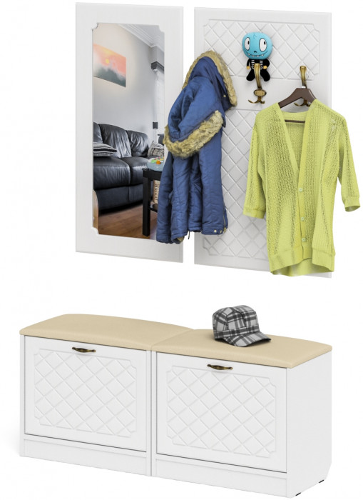 Прихожая П-6 Компоновка № 02, цвет белая шагрень/фасады МДФ белое дерево фрезеровка ромб, ШхГхВ 120х35х200 см.