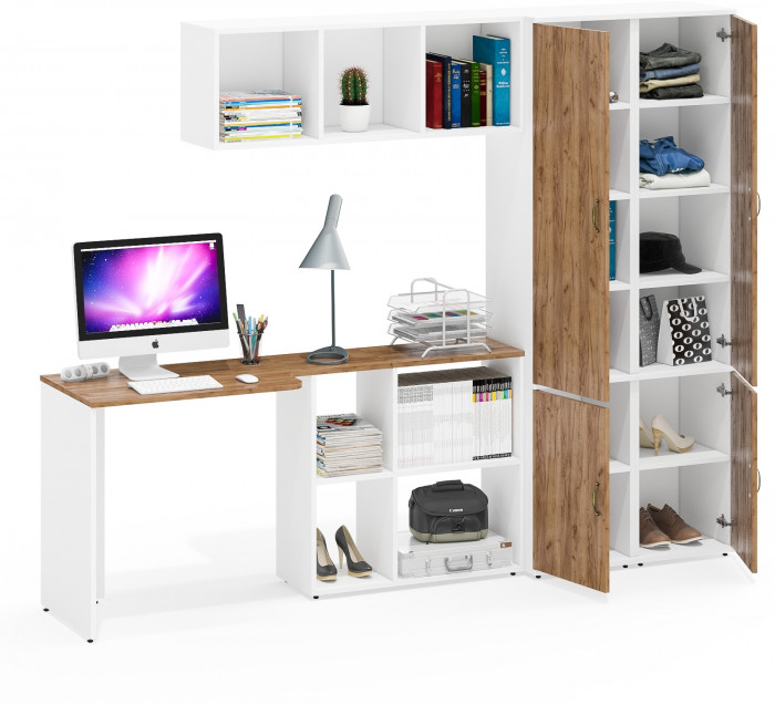 Лидер-8 Стол + Полка + Пенал МД 22Б + Пенал МД 22Б, белый шагрень/крафт золото