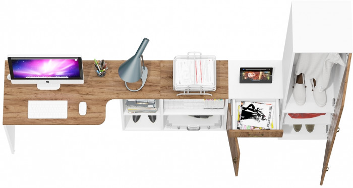 Лидер-8 Стол + Тумба МД 3.15 + Пенал МД 21Б, белый шагрень/крафт золото