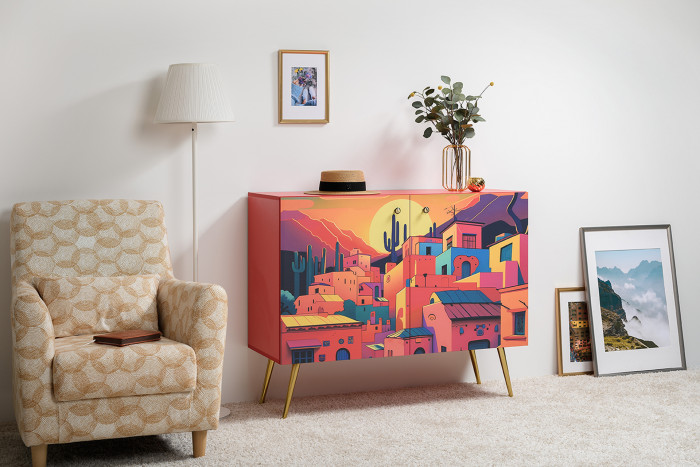 Кармин Комод-тумба 16.230.03, цвет красный/белый, ШхГхВ 115,3х42,6х93,2 см., фасады с рисунком Бразильские домики, две дверки