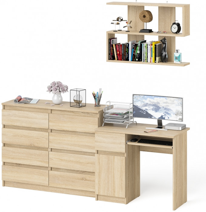 Мори Стол компьютерный МС-1 левый + Комод МК1200.8 + Полка 900, цвет дуб сонома, ШхГхВ 210,4х50х209,6 см., НЕ универсальная сборка