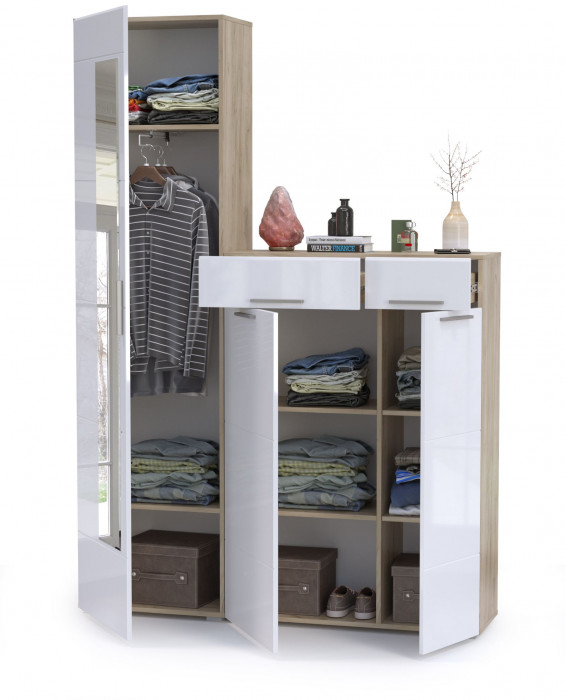 Лайн Прихожая № 13, цвет дуб крафт серый/фасады МДФ белый глянец, ШхГхВ 145х35х210 см., универсальная сборка