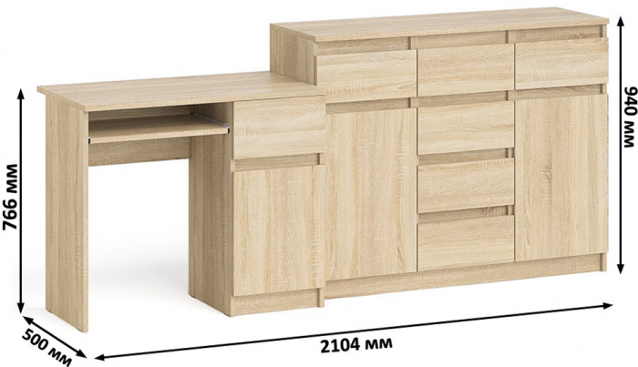 Мори Стол компьютерный МС-1 правый + Комод МК1200.4, цвет дуб сонома, ШхГхВ 210,4х50х94 см., выдвижной ящик справа, НЕ универсальная сборка