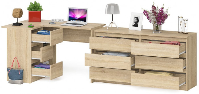 Мори Стол компьютерный МС-16 левый + Комод МК1380.6, цвет дуб сонома, ШхГхВ 262,4х84,9х76,6 см., выдвижные ящики слева, НЕ универсальная сборка