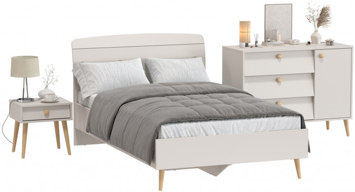 Афина Спальня Кровать 1200 + Комод + Тумба, цвет кашемир серый, ШхГхВ 123,6х210,2х95,7 + 110х45,3х83 + 45х37х45 см., 1200х2000 мм., б/м, осн. есть