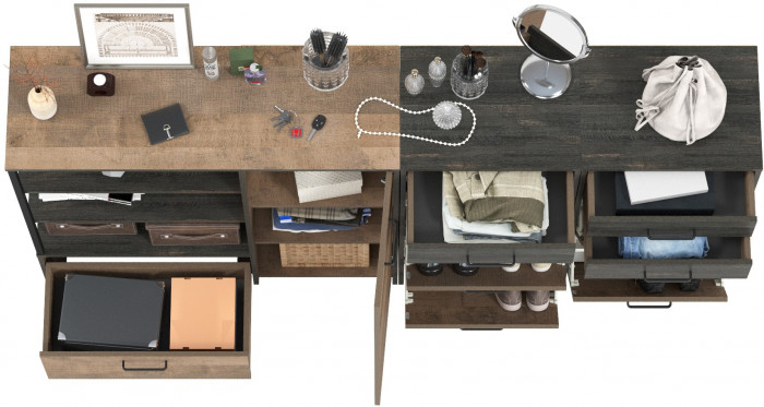 Трувор 13.241.06 Тумба для обуви + 13.307.01 Комод + 13.241.06 Тумба для обуви, цвет дуб гранж песочный/интра, ШхГхВ 209х37х106,9 см., универс. сборка