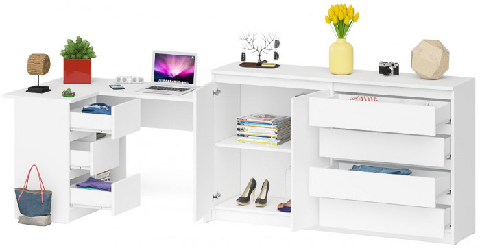 Мори Стол компьютерный МС-16 левый + Комод МК1600.1, цвет белый, ШхГхВ 284,8х84,9х94 см., выдвижные ящики слева, НЕ универсальная сборка