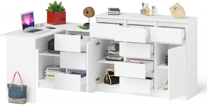 Мори Стол компьютерный МС-16 правый + Комод МК1200.4, цвет белый, ШхГхВ 244,8х84,9х94 см., выдвижные ящики справа, НЕ универсальная сборка
