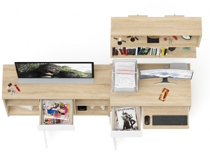 Мори Стол компьютерный МС-1 левый + Тумба МТВ1204.1 + Полка 900, цвет дуб сонома/белый, ШхГхВ 210,4х50х209,6 см., НЕ универсальная сборка