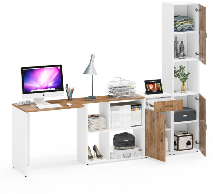 Лидер-8 Стол + Тумба МД 3.15 + Пенал, белый шагрень/крафт золото