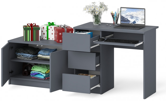 Мори Стол компьютерный МС-6 левый + Тумба МА900.1, цвет графит, ШхГхВ 180,4х50,4х76,6 см., выдвижные ящики слева, НЕ универсальная сборка