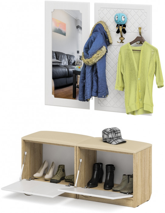 Прихожая П-6 Компоновка № 02, цвет дуб сонома/фасады МДФ белое дерево фрезеровка ромб, ШхГхВ 120х35х200 см.