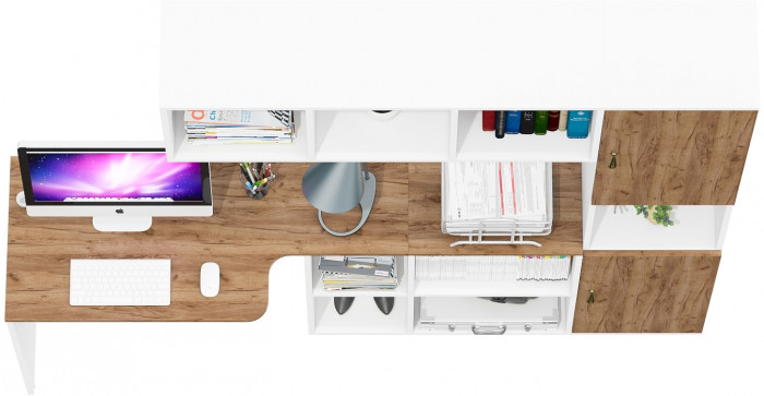 Лидер-8 Стол + Полка + Пенал, белый шагрень/крафт золото