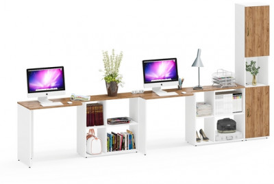 Лидер-8 Стол + Стол + Пенал, цвет белый шагрень/крафт золото, ШхГхВ 370х50/30х75/190 см. или 230х50/120х75/190 см., НЕ универсальная сборка