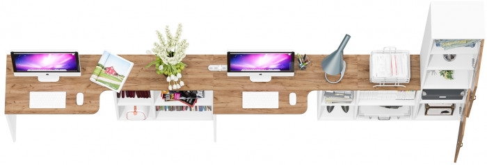 Лидер-8 Стол + Стол + Пенал, цвет белый шагрень/крафт золото, ШхГхВ 370х50/30х75/190 см. или 230х50/120х75/190 см., НЕ универсальная сборка