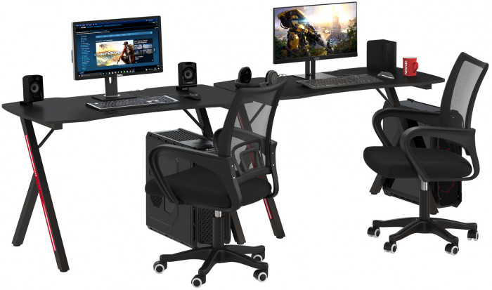Два игровых стола Мебель--24 GT-2310 + два кресла компьютерных 103 чёрных, цвет чёрный, ШхГхВ 240х60х73 + 59х56х83-94 см.