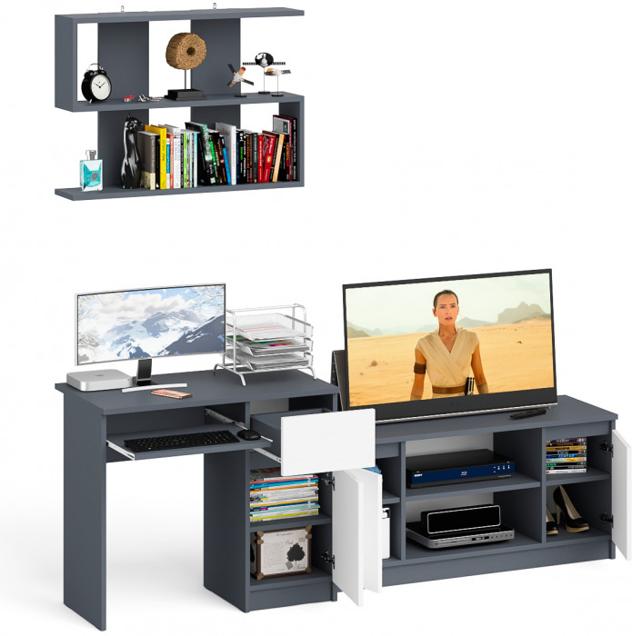 Мори Стол компьютерный МС-1 правый + Тумба МТВ1200.1 + Полка 900, цвет графит/белый, ШхГхВ 210,4х50х209,6 см., НЕ универсальная сборка