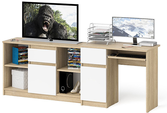Мори Стол компьютерный МС-1 левый + Тумба МТВ1204.1, цвет дуб сонома/белый, ШхГхВ 210,4х50х76,6 см., выдвижной ящик слева, НЕ универсальная сборка