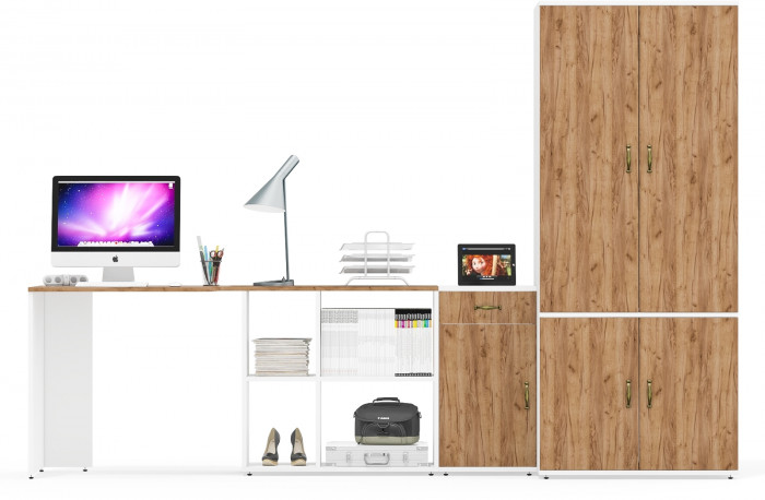 Лидер-8 Стол + Тумба МД 3.15 + Шкаф МД 19Б, белый шагрень/крафт золото