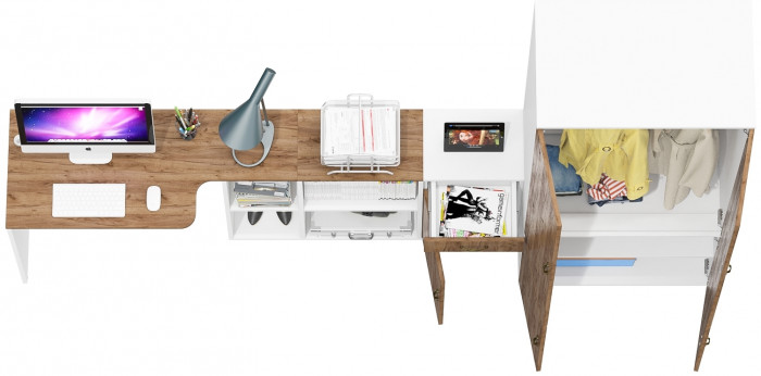 Лидер-8 Стол + Тумба МД 3.15 + Шкаф МД 19Б, белый шагрень/крафт золото