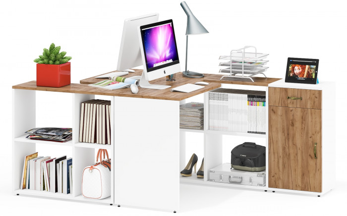 Лидер-8 Стол + Стол + Тумба МД 3.15, цвет белый шагрень/крафт золото, ШхГхВ 370х50/30х75 см. или 230х50/120х75 см., НЕ универсальная сборка