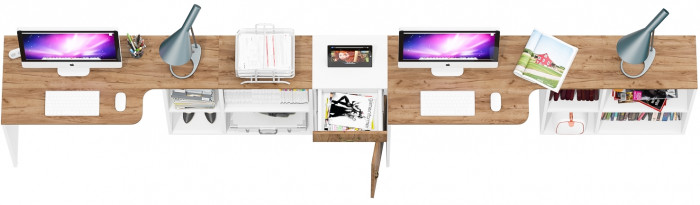 Лидер-8 Стол + Стол + Тумба МД 3.15, цвет белый шагрень/крафт золото, ШхГхВ 370х50/30х75 см. или 230х50/120х75 см., НЕ универсальная сборка