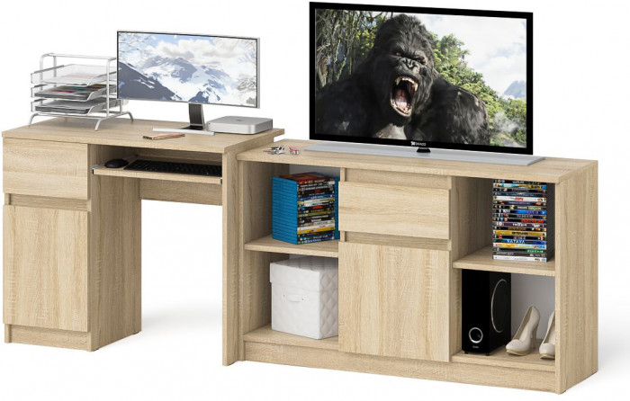 Мори Стол компьютерный МС-1 левый + Тумба МТВ1204.1, цвет дуб сонома, ШхГхВ 210,4х50х76,6 см., выдвижной ящик слева, НЕ универсальная сборка