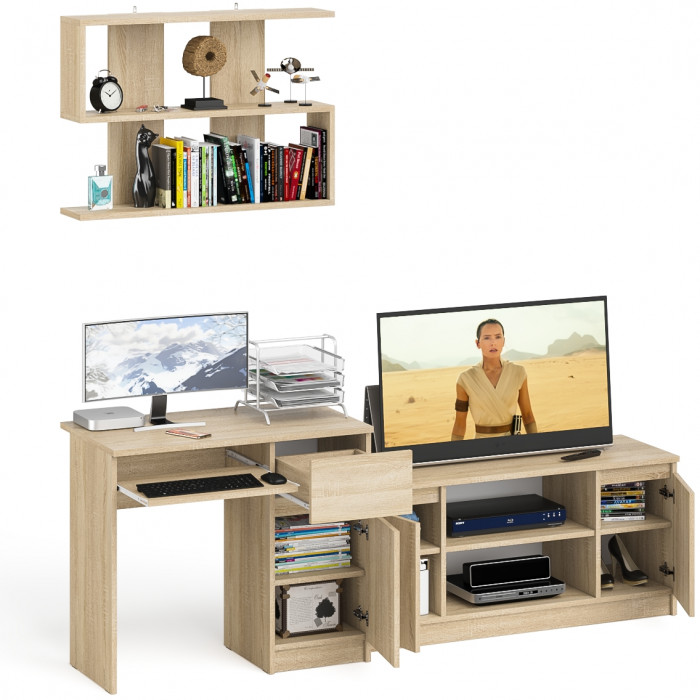 Мори Стол компьютерный МС-1 правый + Тумба МТВ1200.1 + Полка 900, цвет дуб сонома, ШхГхВ 210,4х50х209,6 см., НЕ универсальная сборка