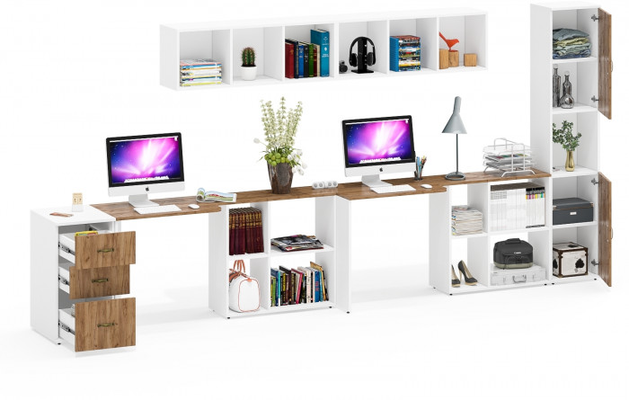 Лидер-8 Стол + Полка + Стол + Полка + Пенал + Тумба МД 3.16, белый шагрень/крафт золото