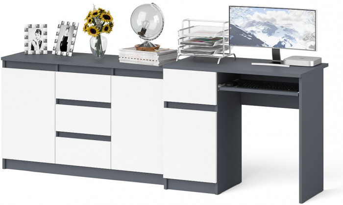Мори Стол компьютерный МС-1 левый + Комод МК1200.3, цвет графит/белый, ШхГхВ 210,4х50х76,6 см., выдвижной ящик слева, НЕ универсальная сборка