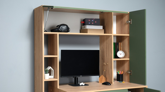 Стол компьютерный Комфорт 12.71, цвет гикори рокфорд натуральный/дымчатый зелёный, ШхГхВ 116,7х60,2х165,4 см., НЕ универсальная сборка