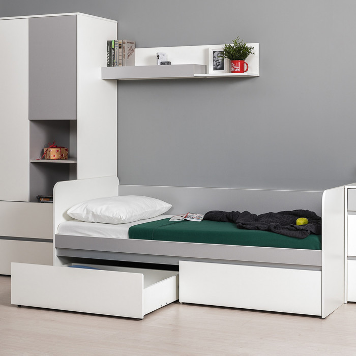 Торонто 11.39 Кровать + 16.475 Полка, цвет белый шагрень/стальной серый, ШхГхВ 194х84,4х150 см., сп. м. 800х1900 мм., б/м, основание есть