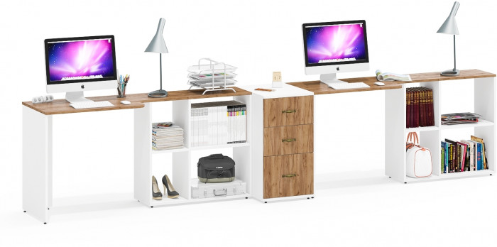 Лидер-8 Стол + Стол + Тумба МД 3.16, цвет белый шагрень/крафт золото, ШхГхВ 370х50/30х75 см. или 230х50/120х75 см., НЕ универсальная сборка