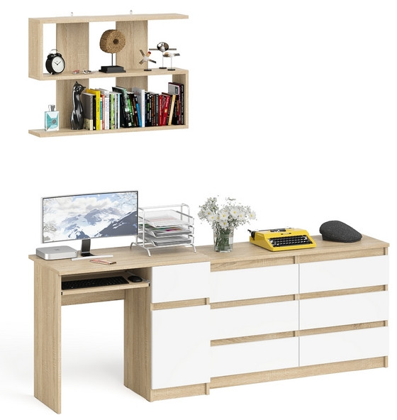 Мори Стол компьютерный МС-1 правый + Комод МК1200.6 + Полка 900, цвет дуб сонома/белый, ШхГхВ 210,4х50х209,6 см., НЕ универсальная сборка
