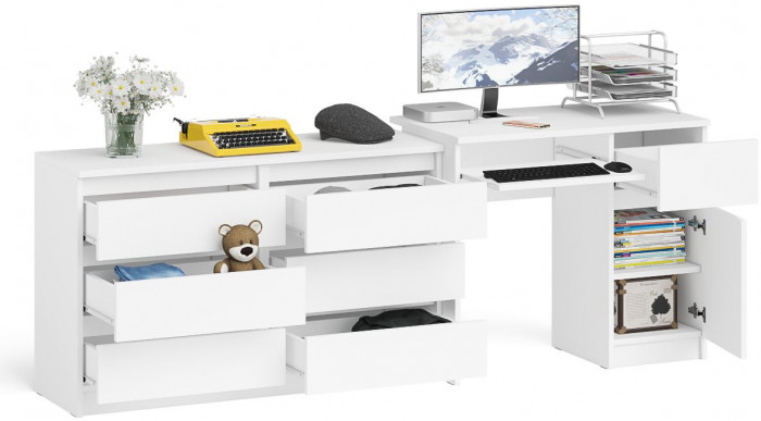 Мори Стол компьютерный МС-1 правый + Комод МК1200.6, цвет белый, ШхГхВ 210,4х50х76,6 см., выдвижной ящик справа, НЕ универсальная сборка