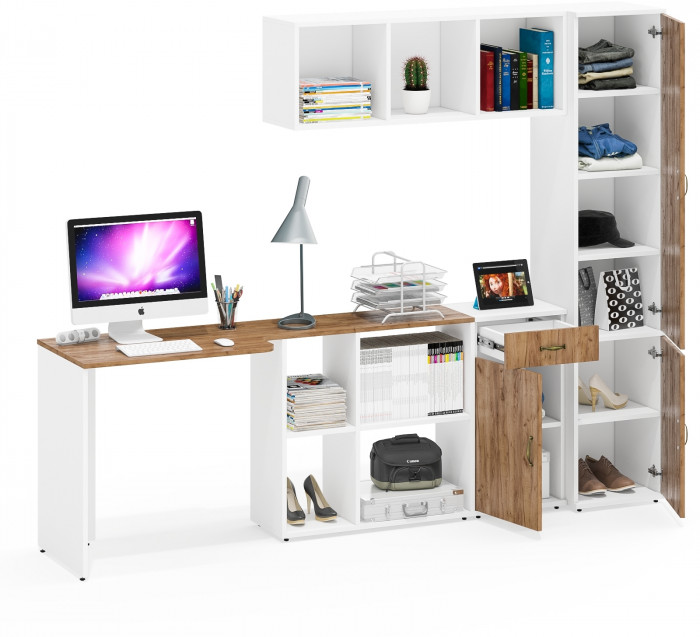 Лидер-8 Стол + Полка + Тумба МД 3.15 + Пенал МД 22Б, цвет белый шагрень/крафт золото, ШхГхВ 245х50/37,5х75/190 или 115х160/50х75/190 см., НЕ ун. сб.