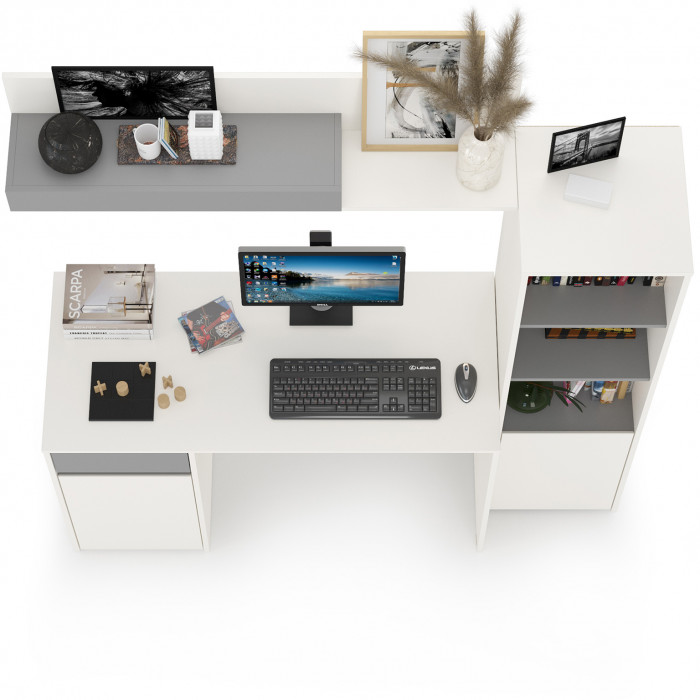 Торонто 12.149 Стол + 13.13 Шкаф комбинированный + 16.475 Полка, цвет белый шагрень/стальной серый, ШхГхВ 160х53,1х174 см., универсальная сборка