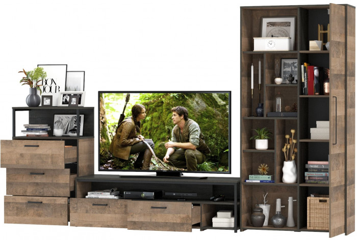 Трувор Гостиная 080, цвет дуб гранж песочный/интра, ШхГхВ 308,8х45,4х194,2 см., универсальная сборка