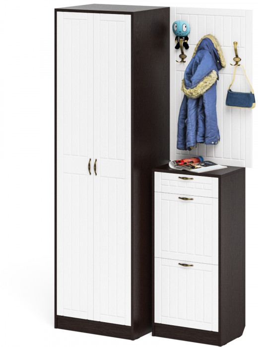 Прихожая П-6 Компоновка № 18, венге/фасады МДФ белое дерево фрезеровка прованс