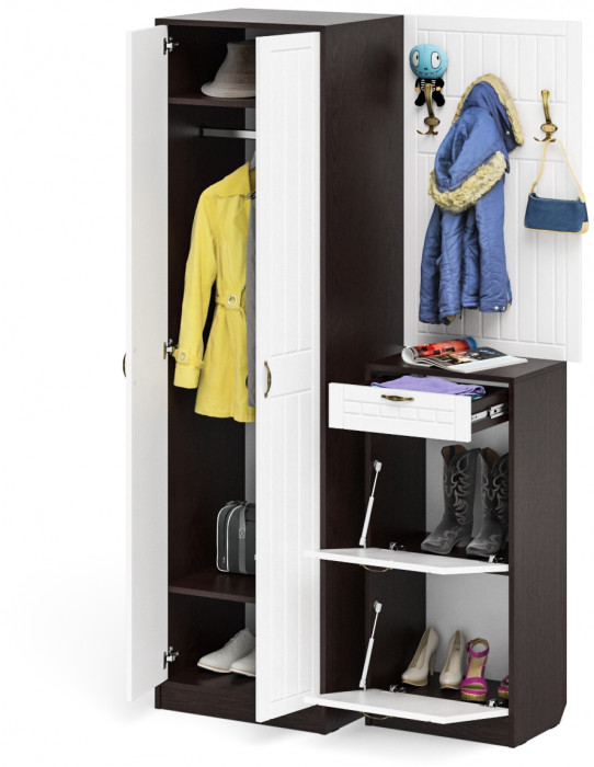 Прихожая П-6 Компоновка № 18, венге/фасады МДФ белое дерево фрезеровка прованс