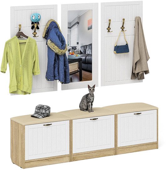 Прихожая П-6 Компоновка № 03, цвет дуб сонома/фасады МДФ белое дерево фрезеровка прованс, ШхГхВ 180х35х200 см., универсальная сборка