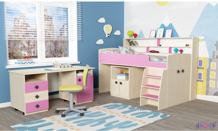 Кровать-чердак Малыш 5 (Дуб молочный/Лайм)