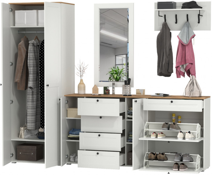 Остин Прихожая 59, цвет белый шагрень/дуб крафт золотой, ШхГхВ 280х54,3х229,6 см., универсальная сборка