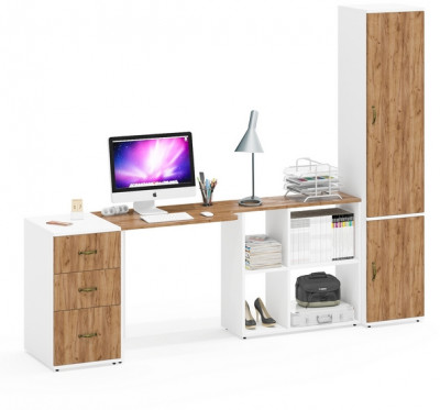 Лидер-8 Стол + Тумба МД 3.16 + Пенал МД 22Б, белый шагрень/крафт золото