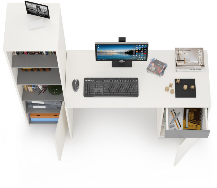 Торонто 12.149 Стол + 13.13 Шкаф комбинированный, цвет белый шагрень/стальной серый, ШхГхВ 160х53,1х149,7 см., универсальная сборка